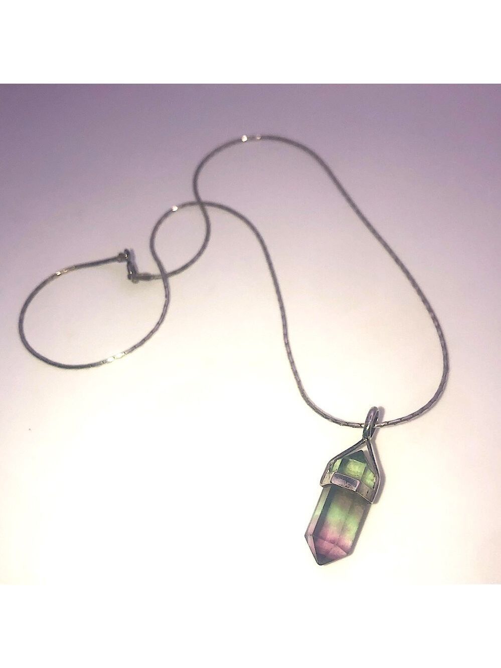 VTG Sterling & Purple Green Fluorite Crystal Stone Pendant & Chain 16” & 1.2”